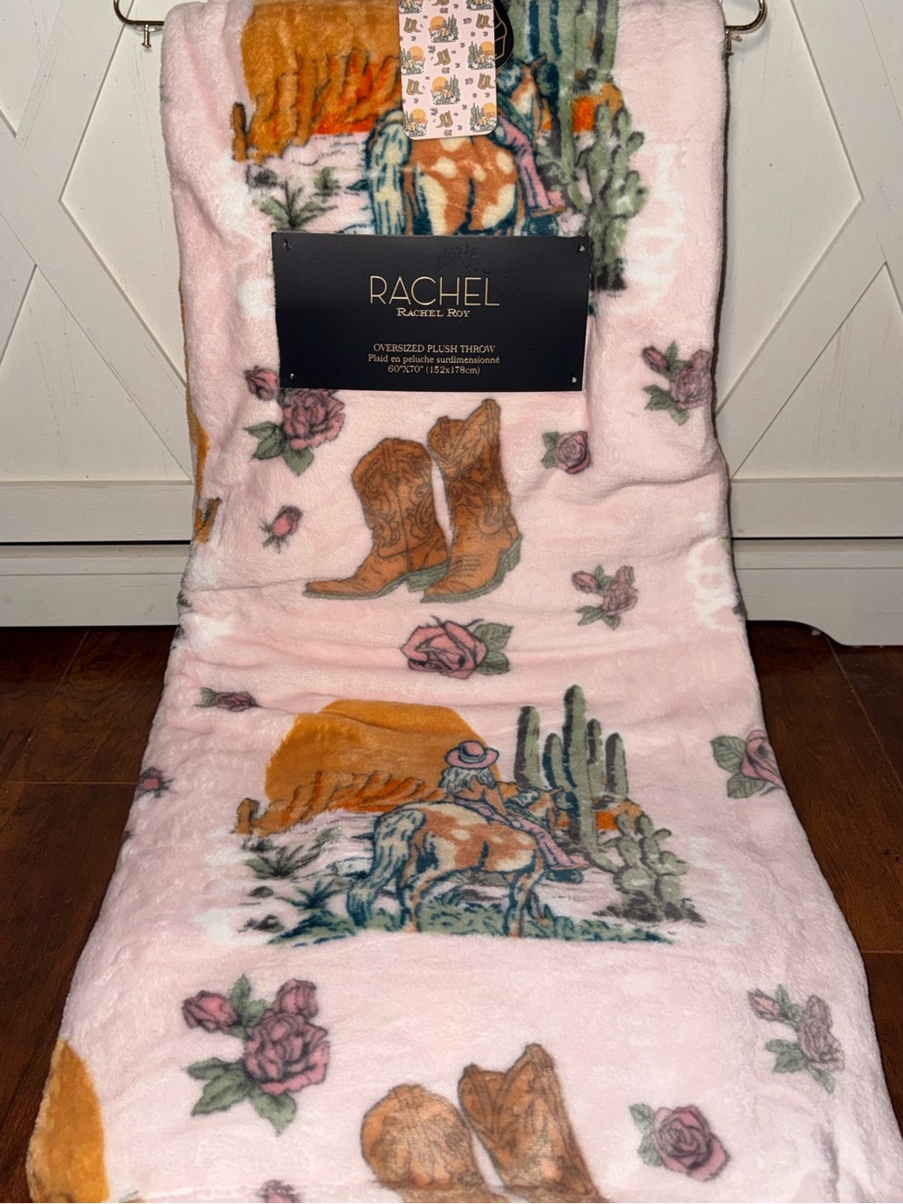 Rachel Roy Pink Western Boot & Cactus Plush Throw Blanket